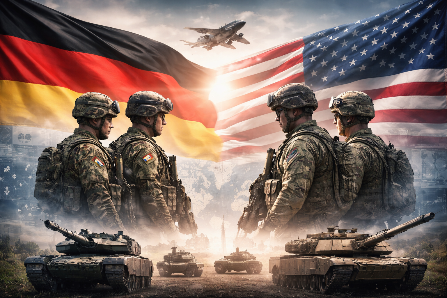 Deutsche und US-Amerikanische Streitkräfte und deren Flaggen gegenüber