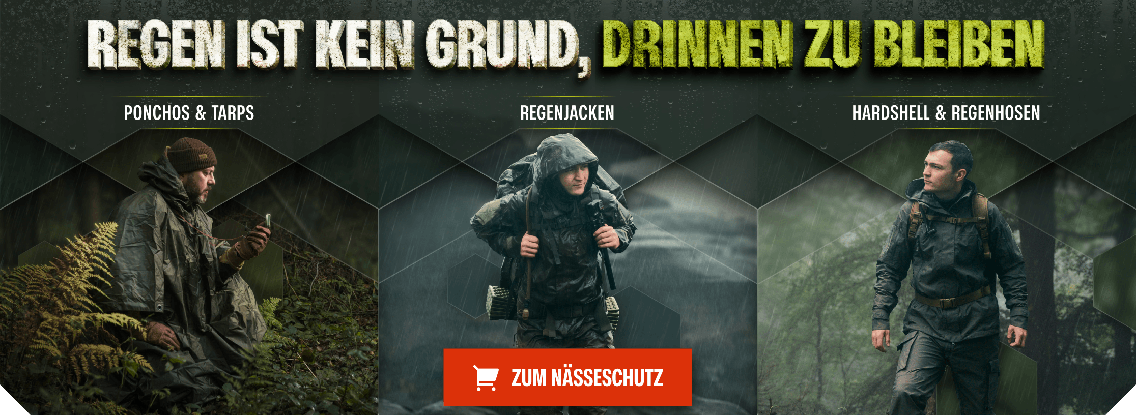 Nässeschutz: Ponchos, Tarps, Regenjacken, Hardshell & Regenhosen