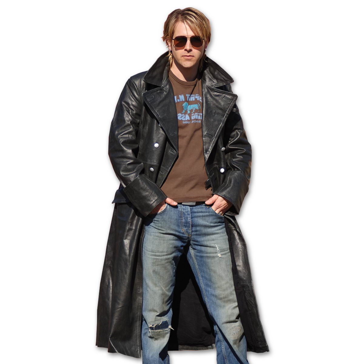 Offizier Ledermantel Stonewashed schwarz