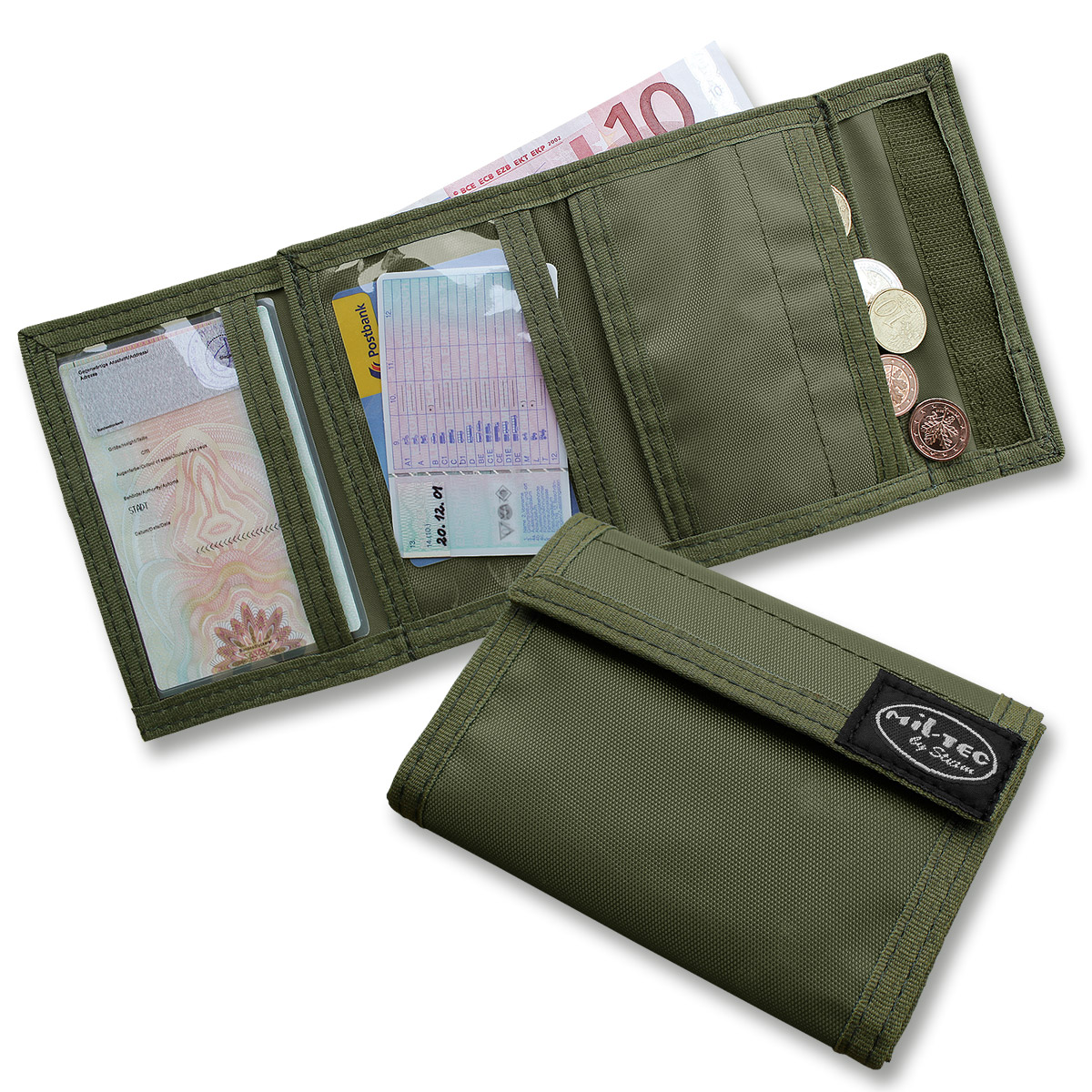 Mil-Tec Unisex Geldbörse – Woodland Camo, Mit Klettverschluss, Münzfach & Karabinerkette – Praktisch & Kompakt