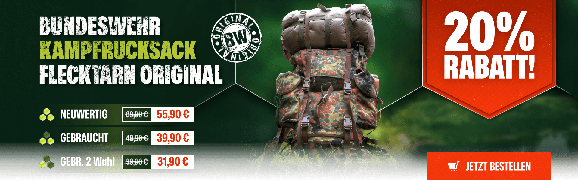20% Rabatt auf den Original Bundeswehr-Kampfrucksack Flecktarn